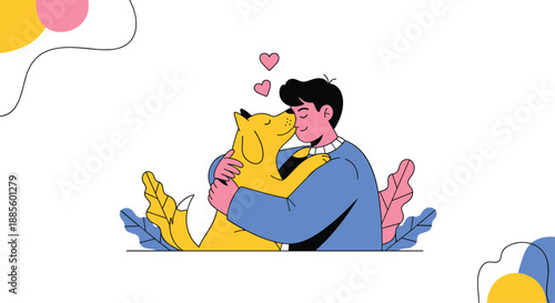 Young man warmly hugging his yellow labrador retriever dog with pink love hearts floating above them against a clean background.