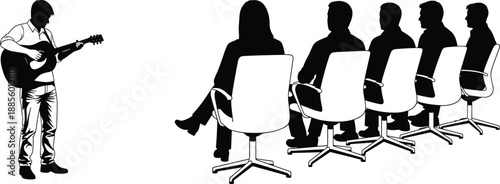 Black and white silhouette of a large group of diverse children standing together with raised hands holding balloons representing childhood happiness and friendship.