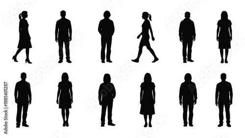 Silhouettes of people in various poses isolated on white background, Vector