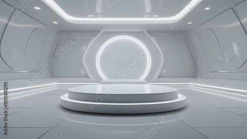 Futuristic, minimalist interior design with a circular platform. Bright, white space with sleek lines and illuminated elements.  Geometric shapes