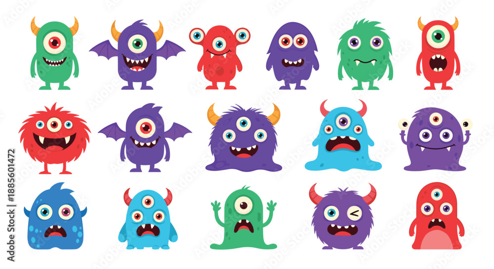 Obraz premium Wide variety of colorful cartoon monsters with different numbers of eyes, horns, and funny expressions on a white background.