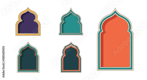 Set of colorful Islamic arch frames and niche designs inspired by traditional mosque architecture for decorative purposes.