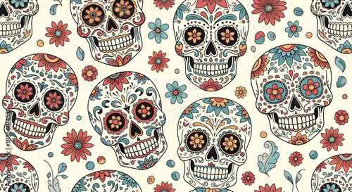 Seamless pattern of colorful Mexican sugar skulls decorated with flowers and patterns for the Day of the Dead celebration.