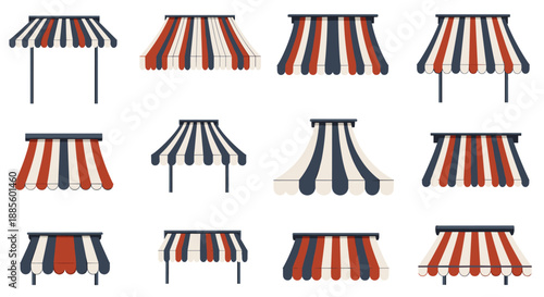 Collection of classic striped shop awnings and window canopies in red, white, and blue colors for store fronts.