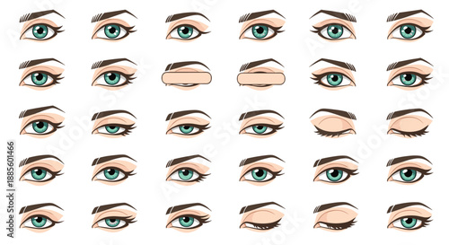 Grid showing a close up of a female eye with various expressions and different stages of a blink on a white background.