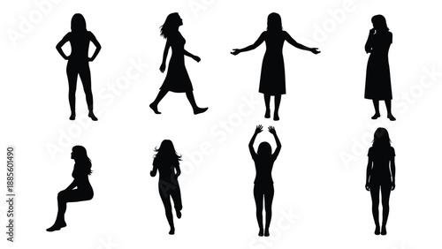 Various silhouettes of women in different poses isolated on white background, Vector