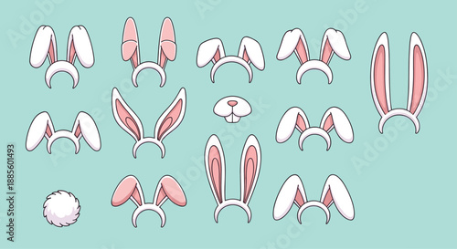 Collection of white and pink plush bunny ear headbands and a fluffy tail for Easter or costume party celebrations.