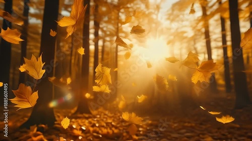 Golden autumn forest scene. Sun shines through the trees and falling leaves creating a warm, hazy atmosphere. Focus on falling leaves