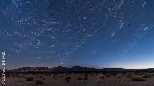 Long exposure of the night sky over a desert landscape, revealing star trails that arc across the frame, a scenic view