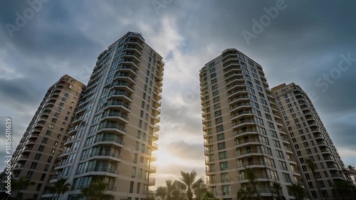 Low-angle view of multiple tall buildings with balconies under a cloudy sky. The sun shines through between buildings