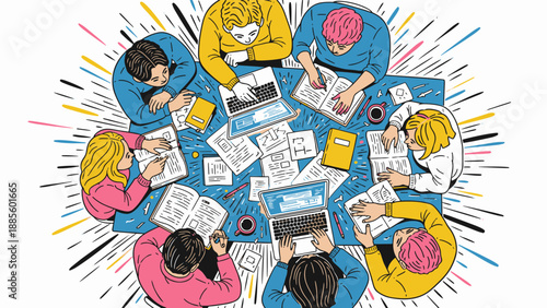 Diverse team collaborating on project around circular table