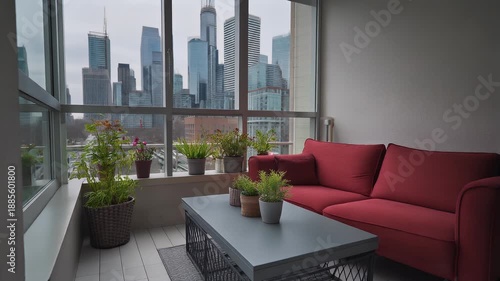 Modern apartment interior, city skyline view through large windows, red sofa, coffee table with plants, and potted greenery