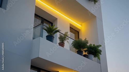 Modern architectural facade with balcony. Plants in pots are placed on balcony with a horizontal yellow LED light. A cool sky background