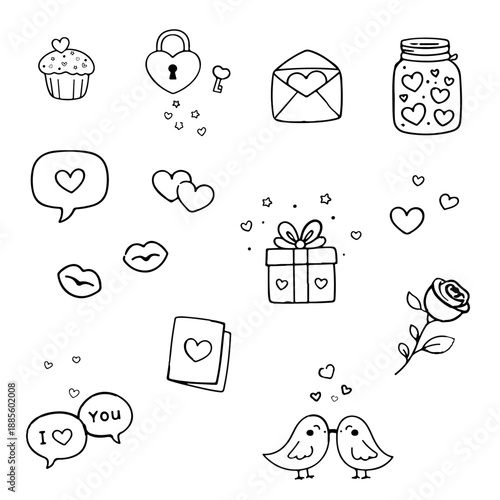 Valentine doodle icon set with hearts, envelope, gift box, cupcake, rose, love birds, jar, speech bubbles, lips and lock with key. Black outline clipart isolated on transparent background.
