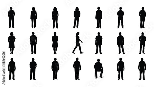 Silhouettes of people in various poses isolated on white background, Vector