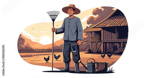 Vector illustration of an Asian farmer waking early and preparing tools at dawn, showing rural dedication, sustainable agriculture lifestyle, and calm countryside morning in flat vector style
