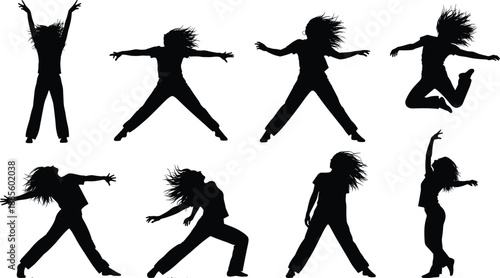 Collection of Energetic Female Dancer Silhouettes Performing Dynamic Modern Jazz and Hip Hop Dance Moves Isolated on Plain White Background
