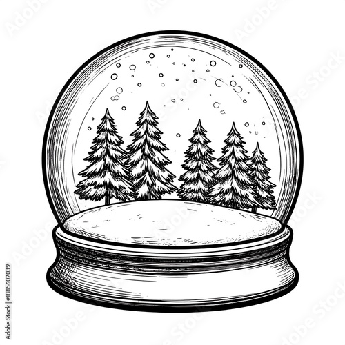 Line art of a snow globe, showing pine trees in a snowy scene