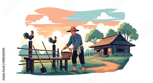 Vector illustration of an Asian farmer waking early and preparing tools at dawn, showing rural dedication, sustainable agriculture lifestyle, and calm countryside morning in flat vector style