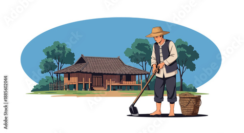 Vector illustration of an Asian farmer waking early and preparing tools at dawn, showing rural dedication, sustainable agriculture lifestyle, and calm countryside morning in flat vector style