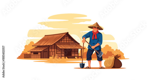 Vector illustration of an Asian farmer waking early and preparing tools at dawn, showing rural dedication, sustainable agriculture lifestyle, and calm countryside morning in flat vector style