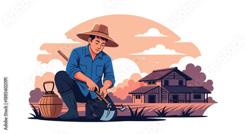 Vector illustration of an Asian farmer waking early and preparing tools at dawn, showing rural dedication, sustainable agriculture lifestyle, and calm countryside morning in flat vector style