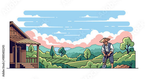 Vector illustration of an Asian farmer waking early and preparing tools at dawn, showing rural dedication, sustainable agriculture lifestyle, and calm countryside morning in flat vector style