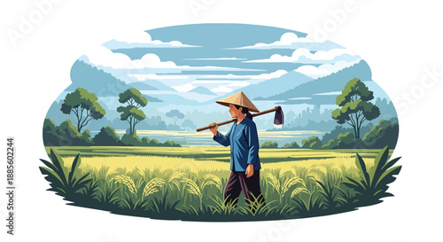 Vector illustration of an Asian farmer walking through rice fields at sunrise, carrying a hoe and reflecting peaceful rural agriculture and daily farming routine in flat vector style