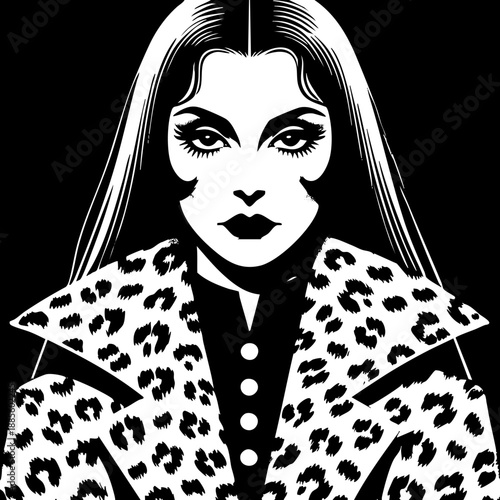 Leopard Coat: Stylish woman in a spotted fur coat against the moon.