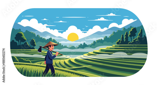 Vector illustration of an Asian farmer walking through rice fields at sunrise, carrying a hoe and reflecting peaceful rural agriculture and daily farming routine in flat vector style