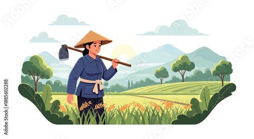 Vector illustration of an Asian farmer walking through rice fields at sunrise, carrying a hoe and reflecting peaceful rural agriculture and daily farming routine in flat vector style