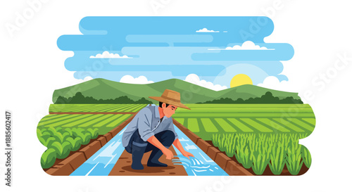 Vector illustration of an Asian farmer checking irrigation channels, managing water flow for crops and supporting sustainable agriculture in a clean flat vector countryside scene
