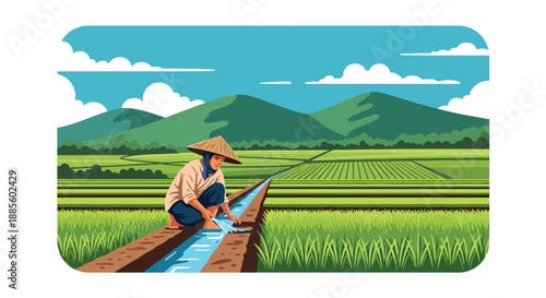 Vector illustration of an Asian farmer checking irrigation channels, managing water flow for crops and supporting sustainable agriculture in a clean flat vector countryside scene