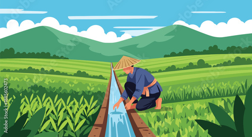 Vector illustration of an Asian farmer checking irrigation channels, managing water flow for crops and supporting sustainable agriculture in a clean flat vector countryside scene