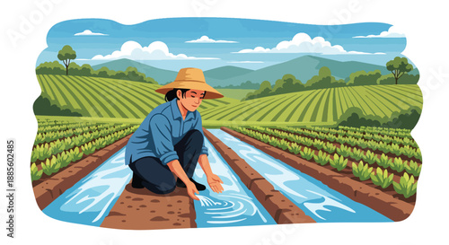 Vector illustration of an Asian farmer checking irrigation channels, managing water flow for crops and supporting sustainable agriculture in a clean flat vector countryside scene