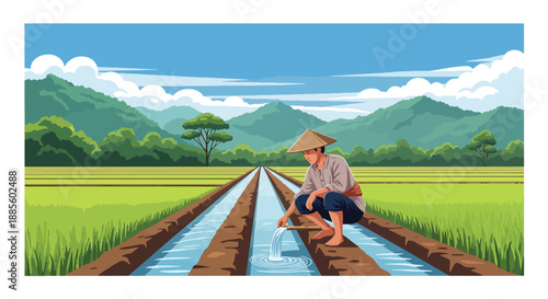 Vector illustration of an Asian farmer checking irrigation channels, managing water flow for crops and supporting sustainable agriculture in a clean flat vector countryside scene