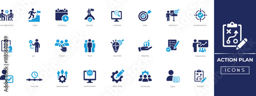 Action plan icon set for business strategy, Goal, Achieve, Strategy, analysis, Monitor, resource, task management, goal tracking, and execution workflows. Solid icon collection.