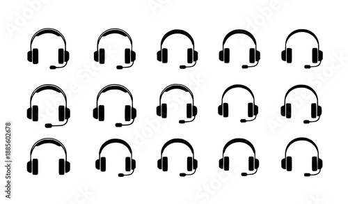 Minimal black headset and headphones with microphone icon set vector