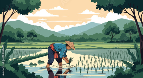 Vector illustration of an Asian farmer planting rice seedlings by hand in flooded paddies, showing traditional farming methods and sustainable rural lifestyle in flat vector design