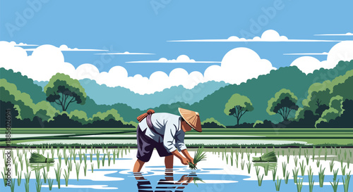 Vector illustration of an Asian farmer planting rice seedlings by hand in flooded paddies, showing traditional farming methods and sustainable rural lifestyle in flat vector design