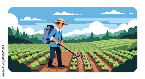 Vector illustration of an Asian farmer spreading fertilizer across crops, maintaining soil health and crop growth in sustainable rural farming shown in flat vector style