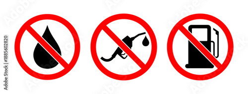 No fuel, No oil, No petrol pump, Forbidden diesel and gasoline icons set, No fuel station, Red prohibition fuel symbol sign, Vector illustration