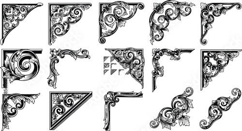 Ornate vector set of black and white Celtic letters and floral ornaments featuring vintage scroll frames and calligraphic swirls for elegant tattoo style design elements