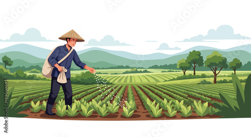 Vector illustration of an Asian farmer spreading fertilizer across crops, maintaining soil health and crop growth in sustainable rural farming shown in flat vector style
