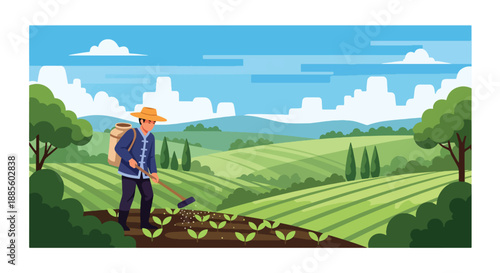 Vector illustration of an Asian farmer spreading fertilizer across crops, maintaining soil health and crop growth in sustainable rural farming shown in flat vector style