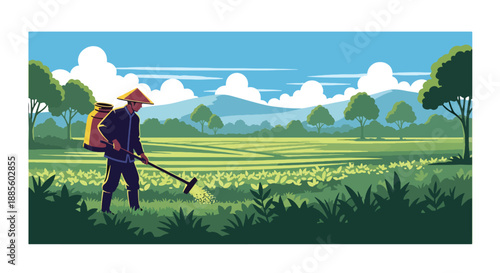Vector illustration of an Asian farmer spreading fertilizer across crops, maintaining soil health and crop growth in sustainable rural farming shown in flat vector style