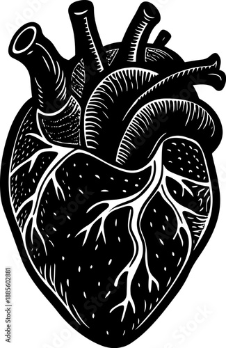 A detailed vintage-style line art drawing of a real human heart.
