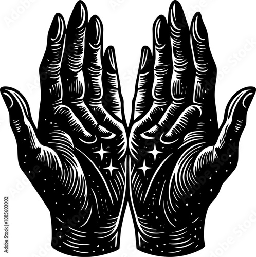 Wallpaper Mural A detailed line art illustration of open hands with magic stars. Torontodigital.ca