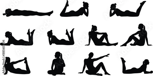 Large Collection of Women Silhouettes Performing Various Yoga Poses and Fitness Exercises Isolated on White Background for Professional Health Design Projects