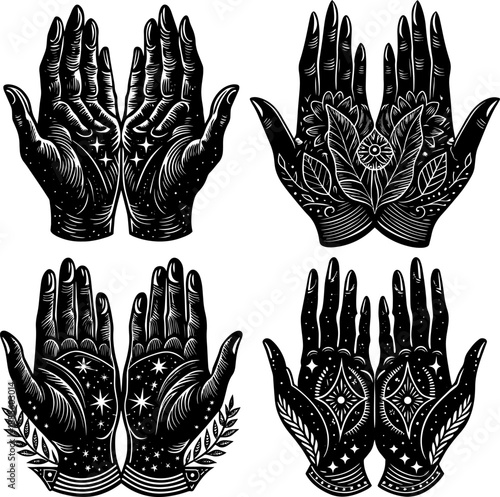 Wallpaper Mural Set of A detailed line art illustration of open hands with magic stars. Torontodigital.ca